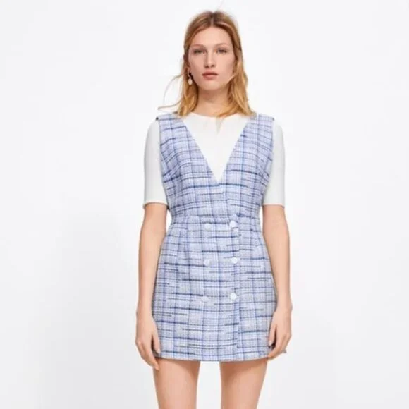 ZARA Blue Tweed Double Breasted Mini Dress Size M | Blogger Favourite - Picture 7 of 12